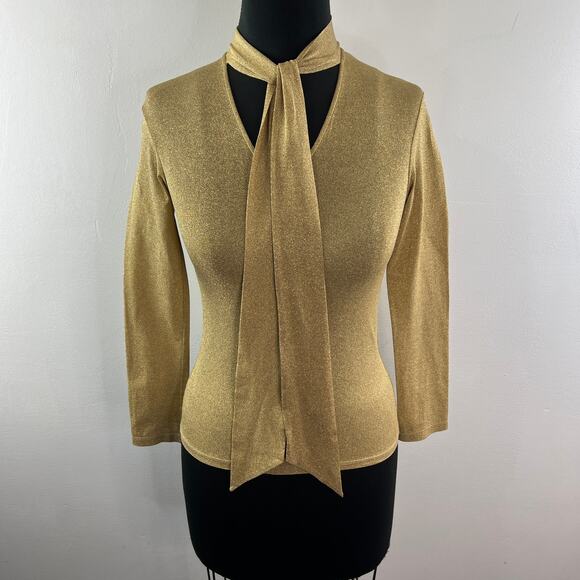 VINTAGE Jill Stuart Metallic Gold Blouse Knit Tie-Neck Long Sleeve Size Small S - Picture 3 of 11